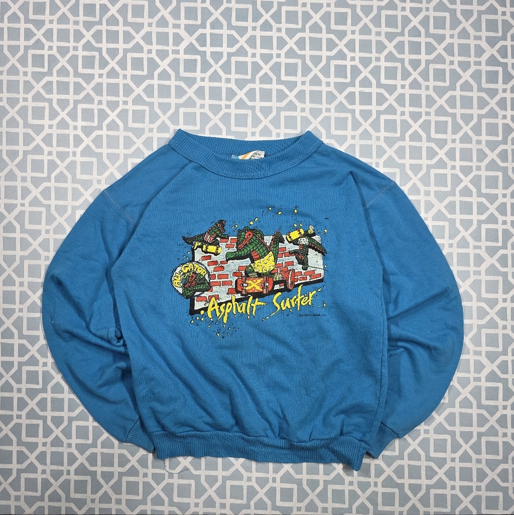 VTG 90's Asphalt Aligator Skaters Blue Crewneck Sweatshirt Boys Sz year 14